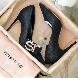 SERGIO ROSSI sr Icona bow-embellished glittered crepe pumps 36.5